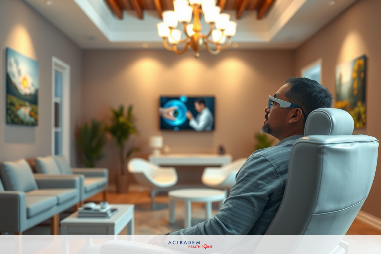 The image depicts a man seated in a modern living room, facing a large wall-mounted TV. He is appears to be enjoying some form of virtual reality entertainment. The room has a minimalist design with neutral tones and contemporary furniture.
