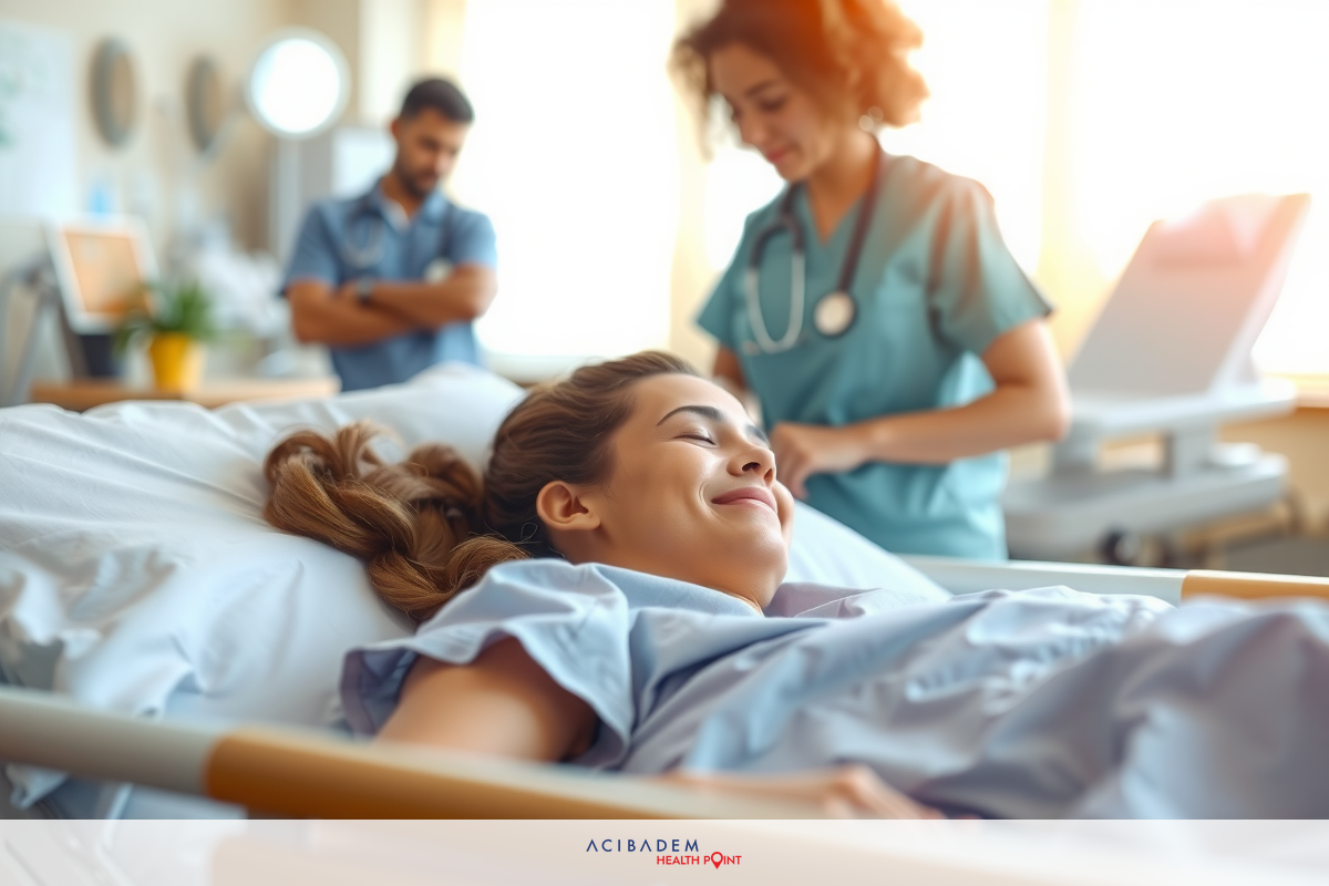 Medical scene with two hospital staff assisting a patient who is smiling and appears to be in good spirits. The setting suggests a friendly and positive environment within a healthcare facility.
