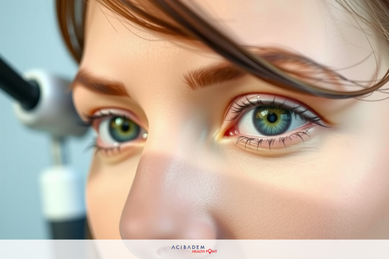 A close-up of a woman with green eyes, looking directly at the camera. The focus is on her eye and facial features, highlighting the unique coloration of her irises.