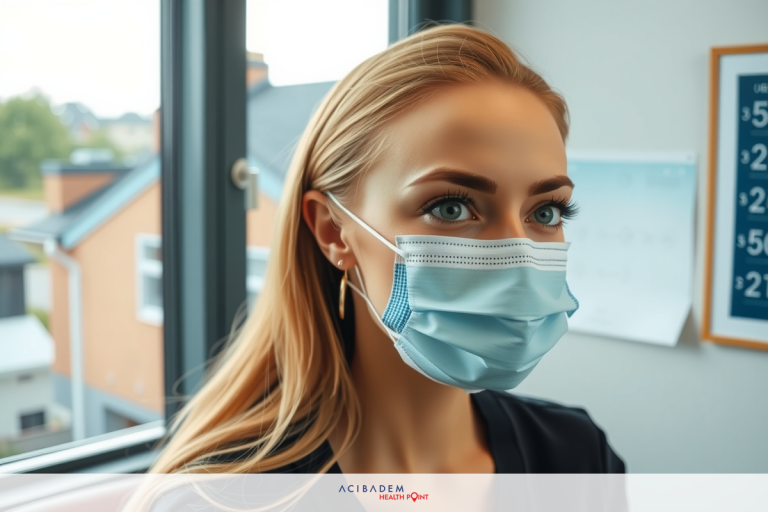 A woman wearing a surgical mask is seated at a desk indoors, which appears to be an office setting. The room has a window allowing natural light in and there's a chart on the wall with numbers indicating some kind of data or schedule.
