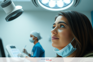 The image depicts a medical setting with several key visual elements. There is an operating room environment with medical equipment, including a large screen that might be displaying vital signs or medical information.