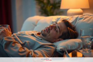 The image shows a man lying down in a relaxed pose on a couch. He is wearing casual attire and appears to be sleeping or resting, with his eyes closed and hands either under his head or at his sides.