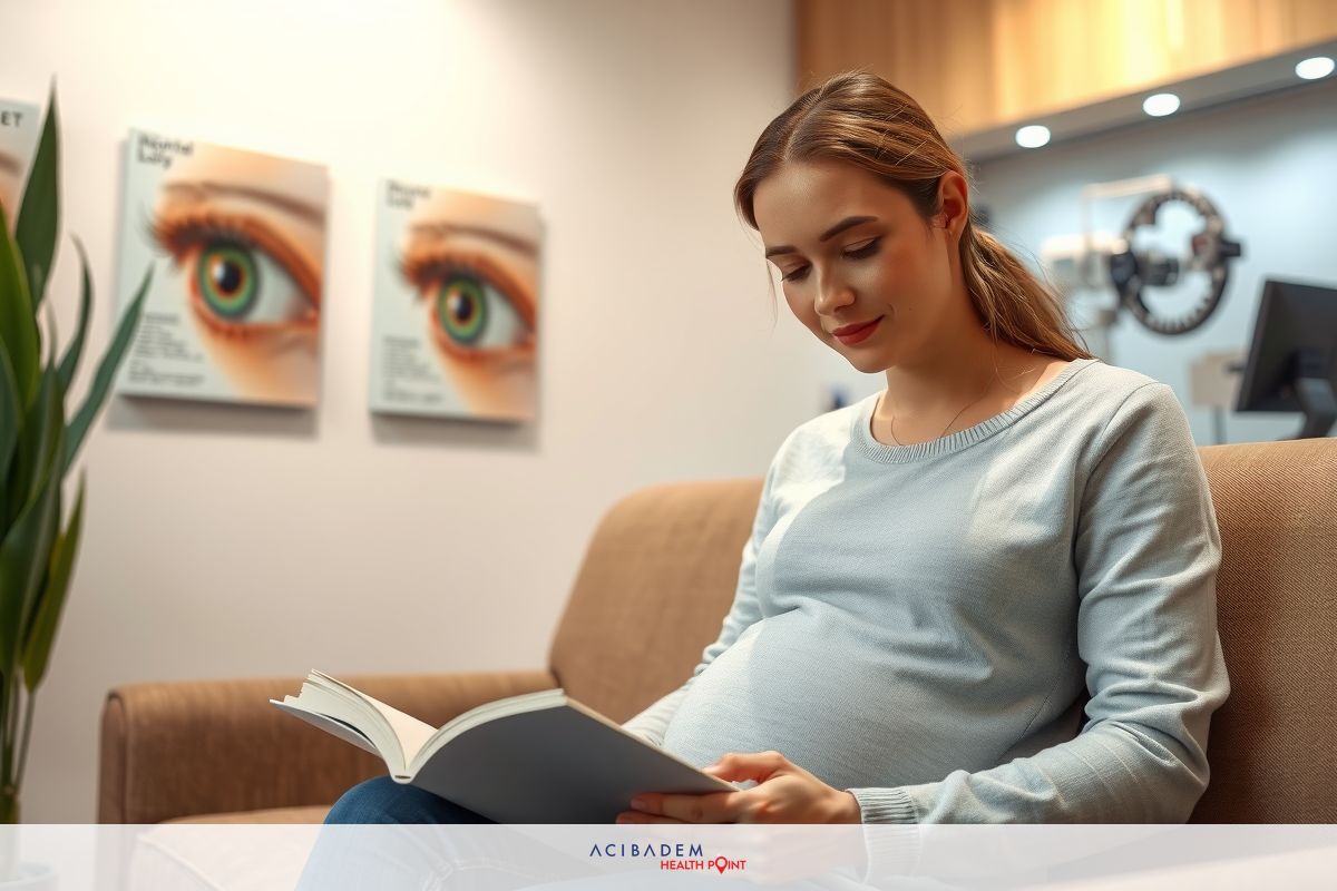The image shows a pregnant woman sitting on a couch in an indoor setting, engrossed in reading a book. The environment appears to be a professional or office space, as evidenced by the modern furniture and decor.