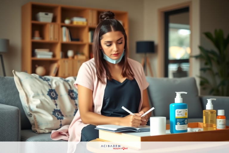 After BBL Surgery When Can I Sit A woman sits on a couch in a modern living room, wearing a pink sweater. She has a pen and notepad, possibly taking notes or working from home. A table with various cosmetics bottles indicates that she might be reviewing beauty products or ingredients.