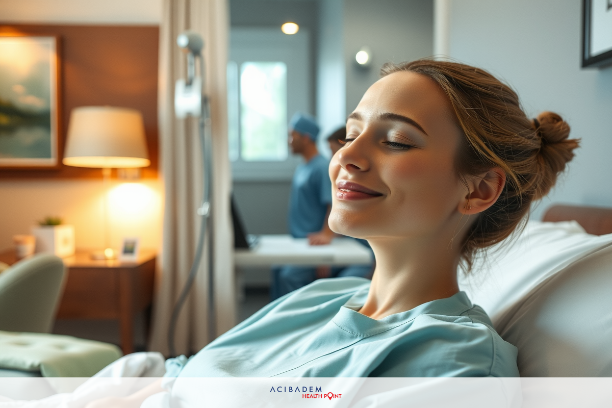 The image shows a woman lying in a hospital bed. She appears to be recovering from a medical procedure, as evidenced by her relaxed posture, closed eyes, and a soft smile. The setting is a well-lit and clean hospital room with modern furniture, such as a couch and framed art on the wall.