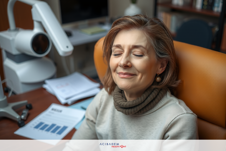 Can I Write Off Laser Eye Surgery on My Taxes? A middle-aged woman is seated in an office chair, leaning back with her eyes closed. She appears to be relaxed or possibly resting during a break from work at the desk.