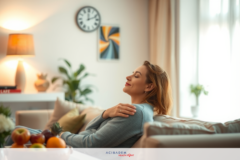 The image depicts a woman sitting on a couch in what appears to be a living room. She is wearing a blue and white striped top, and her hands are clasped together with a smile on her face.