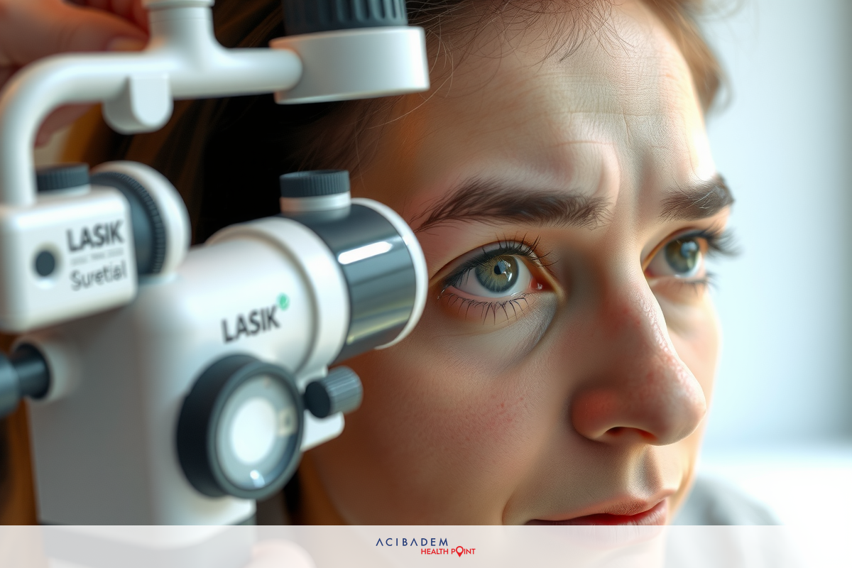 The image shows a woman using an eye examination device. She is looking directly at the camera with her eyes open wide, as is common during vision tests.