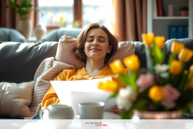 The image depicts a woman lying down on a couch, seemingly relaxed with closed eyes. She is wearing a yellow top and appears to be smiling slightly.