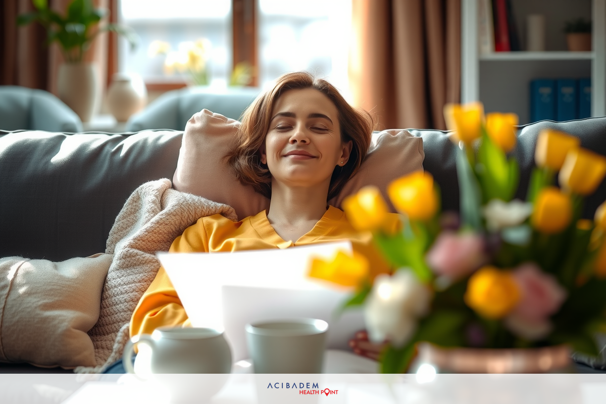 The image depicts a woman lying down on a couch, seemingly relaxed with closed eyes. She is wearing a yellow top and appears to be smiling slightly.