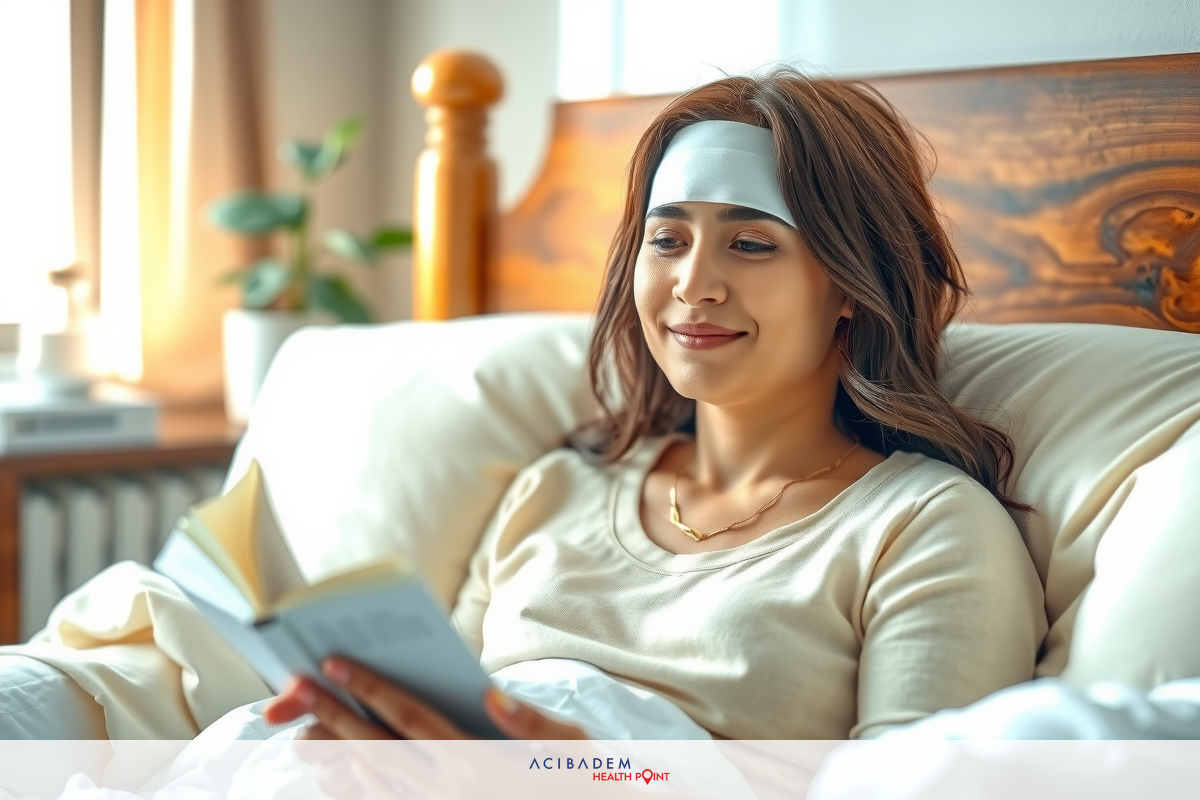 The image features a woman lying in bed reading a book. She has a bandage on her head and is smiling at the camera. The room is well-lit and comfortable with soft lighting. The color palette includes warm, neutral tones and soft pastels.