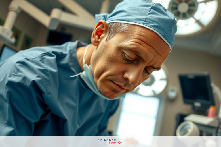 A man in a medical setting wearing surgical scrubs, focused on the patient during an operation.