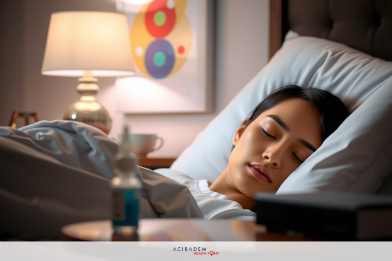 The image portrays a person sleeping peacefully in a cozy bedroom setting. The individual is lying on their side with eyes closed, suggesting a deep rest or perhaps even a moment of vulnerability or exhaustion. The room has a warm ambiance, indicated by the soft lighting and what appears to be a glow from a nearby lamp.