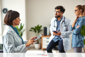Professionals in a medical office, wearing white coats and stethoscopes around their necks, discussing a patient's case on tablet screens.