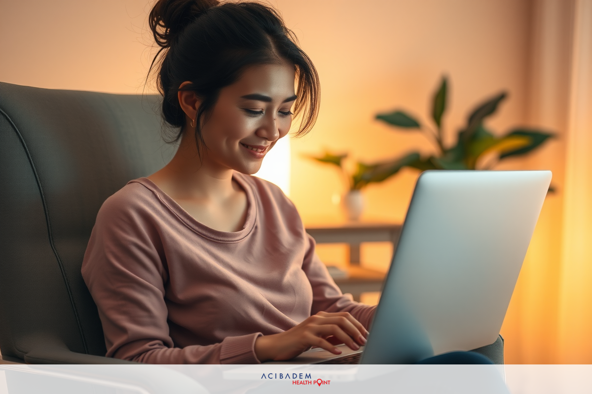 A woman sitting in a chair, smiling as she works on her laptop. She is wearing a pink sweater and the room has soft lighting.