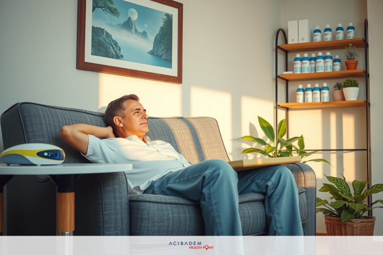 Why Take Systane Before for LASIK Eye Surgery An older man is seen sitting comfortably on a couch, likely in his home. He appears relaxed and possibly resting or enjoying some leisure time. The room has a warm ambiance with natural sunlight coming through the windows, highlighting the cozy living space with a few decorative elements like framed artwork and potted plants.