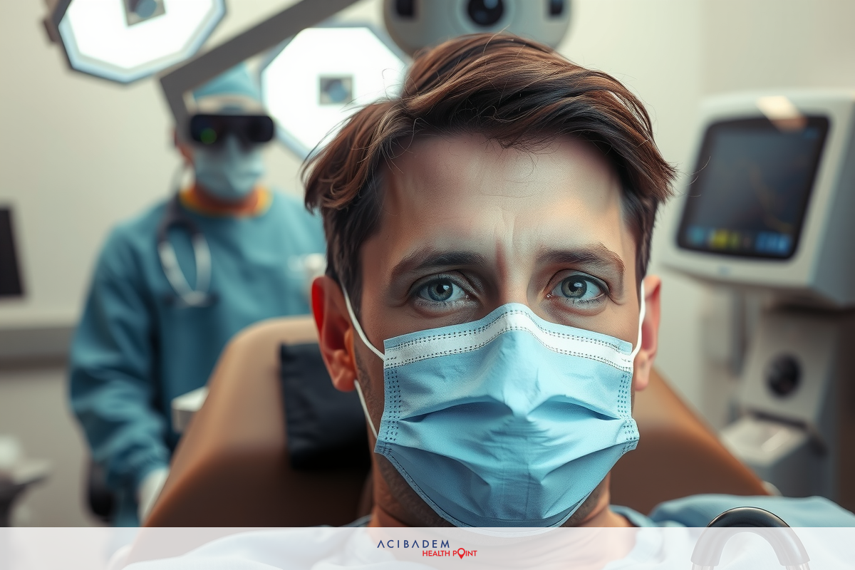 The image shows a scene in a medical setting. There is a male individual seated and wearing a surgical mask, indicating he is either the patient or part of the healthcare team.