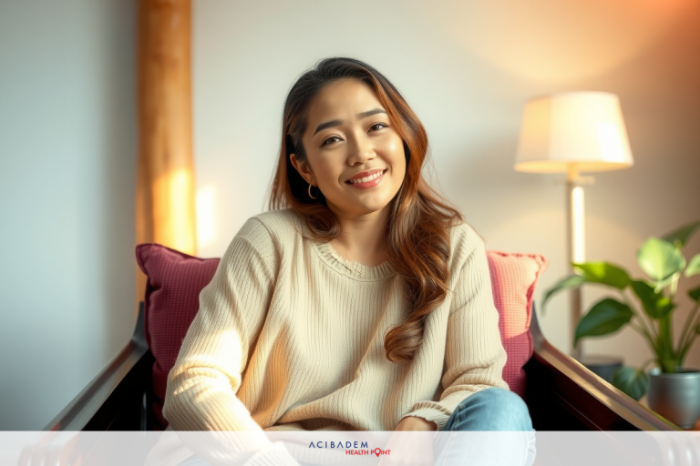 The image features a smiling woman seated on a couch. She is wearing casual attire with neutral colors, including a long-sleeved sweater and jeans. The room has warm lighting and a cozy atmosphere, suggesting the photo might be taken in a home or a relaxed environment.