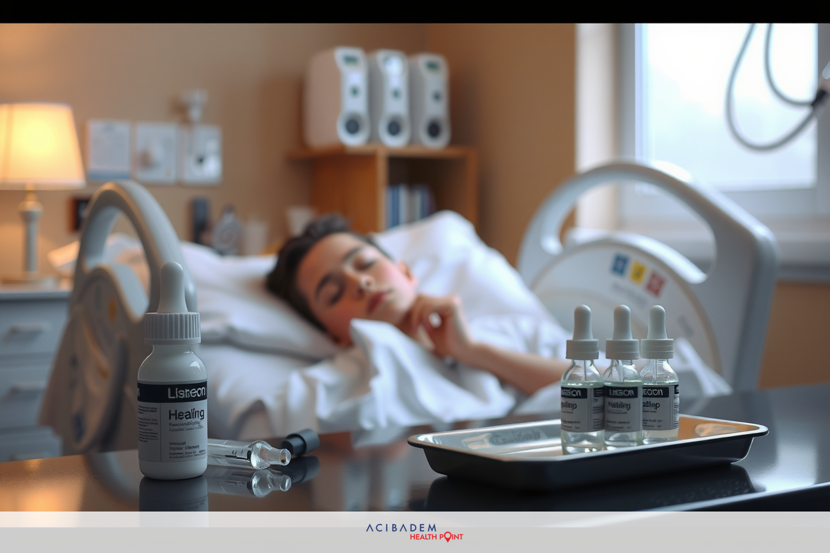 The image is of a hospital room with medical equipment. A young female patient is lying down on a bed, possibly receiving treatment or in recovery. On the table next to her are various medicine bottles and what appears to be a syringe for medication administration.