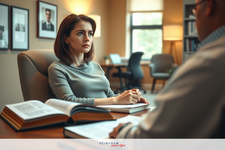 Two individuals in a professional setting, with one presumably asking questions to the other who is seated at a desk. The woman is focused and appears to be listening attentively.