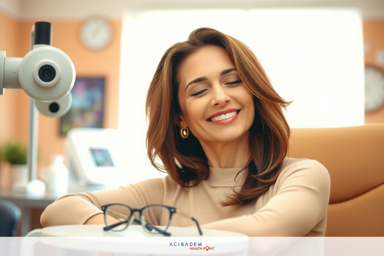 Is LASIK Good for Aging Eyes? The image shows a woman seated in an eye doctor's office, smiling and holding her glasses. She is sitting on a cushioned chair with her eyes closed as if she has just finished an eye examination or is preparing for one. The room has a warm, inviting atmosphere with soft lighting and decorative items that suggest a professional yet comfortable setting. There are no visible texts or logos in the image.