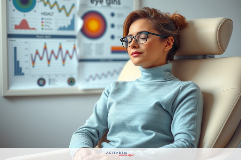 The image shows a person seated in an eye examination chair, looking away from the camera. The individual is wearing glasses and has their head resting on the back of the chair.