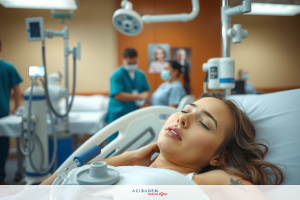 Hospital room with medical staff attending to a patient on a bed. The woman appears relaxed, possibly under sedation or resting. A healthcare team is present, suggesting she may be receiving some form of treatment.
