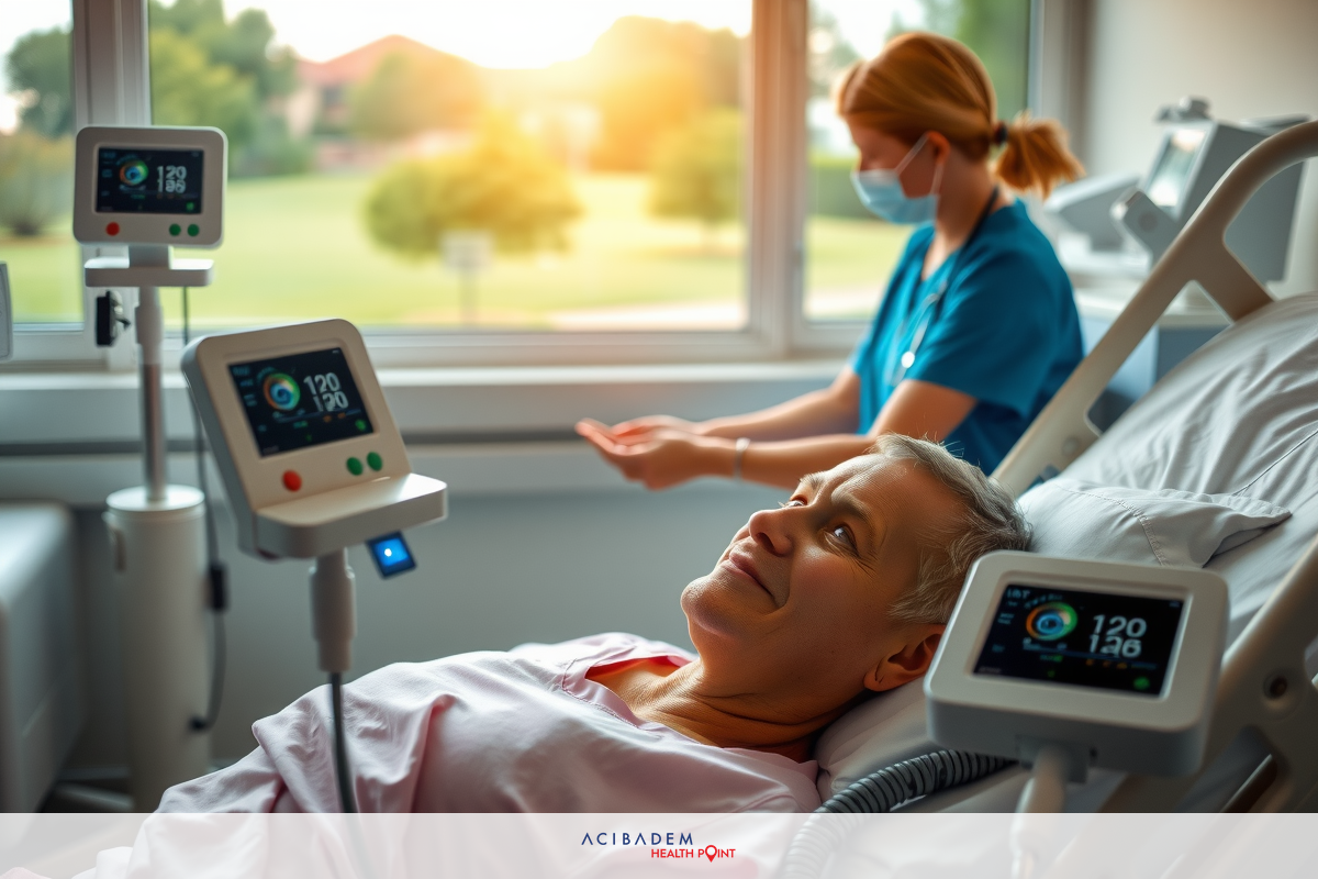 Medical professionals assisting a patient in a hospital setting. The person is laying on a hospital bed with medical monitoring equipment. A nurse stands next to the patient. The room has sunlight shining through the windows.