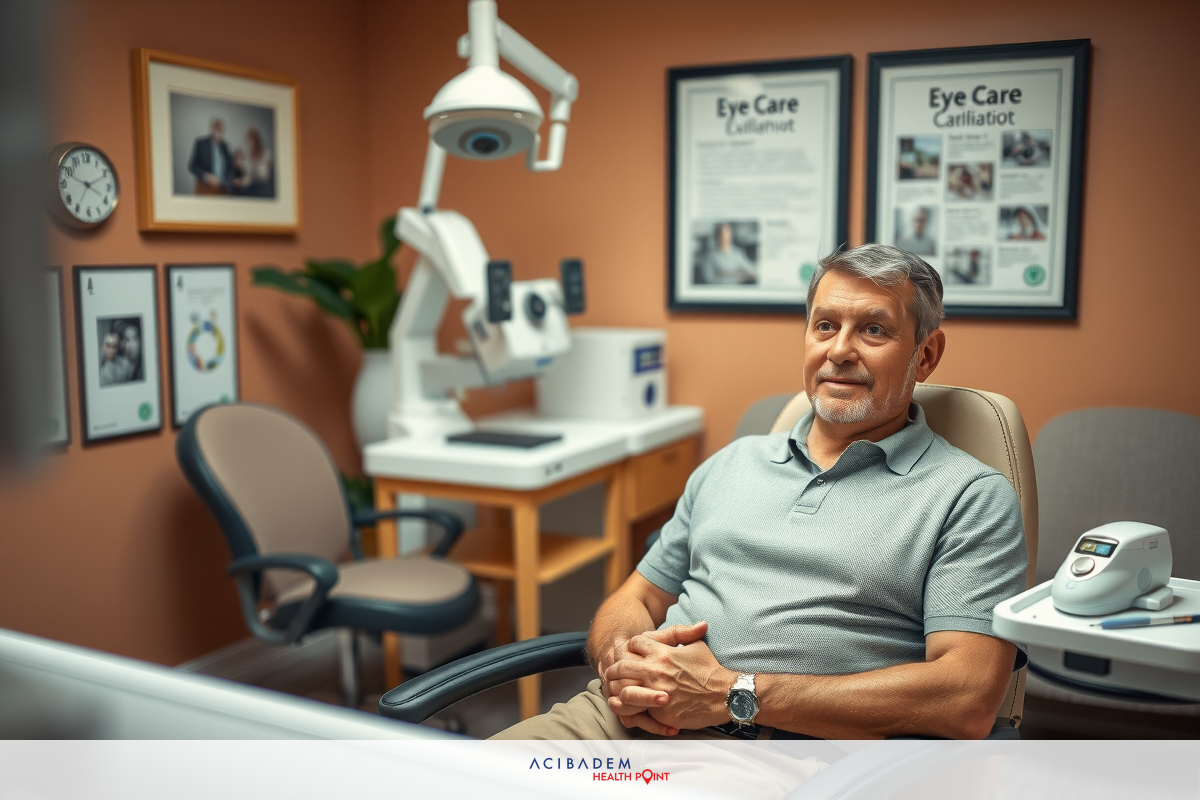 The image depicts an older man sitting in a chair. He is looking towards the camera with a slight smile on his face. The room appears to be a well-equipped medical office with various dental instruments visible in the background.