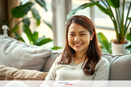 Smiling woman in casual attire, sitting on a couch indoors with potted plants, likely in a cozy home setting.