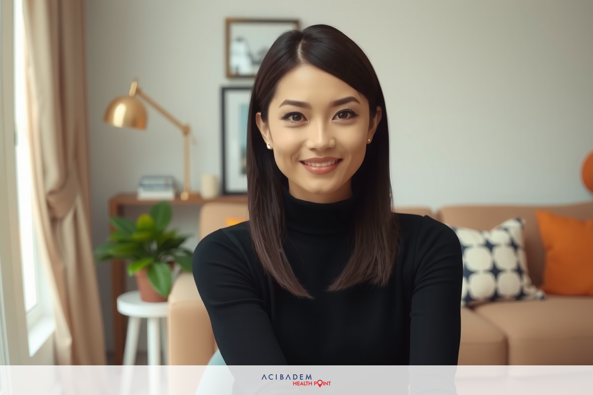 The image features a woman sitting comfortably in a living room. She is wearing a black blouse and smiling, creating a friendly and welcoming atmosphere. The room has modern decor with a color palette that includes neutral tones such as beige and white, along with accents of orange and yellow from the cushions on the sofa.