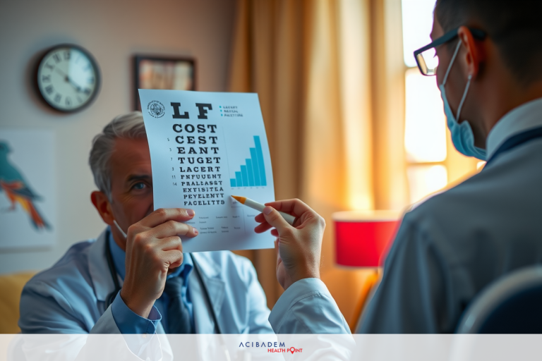 A medical examination scene where a doctor is holding an eye chart in front of another person, possibly preparing for or conducting an eye test.