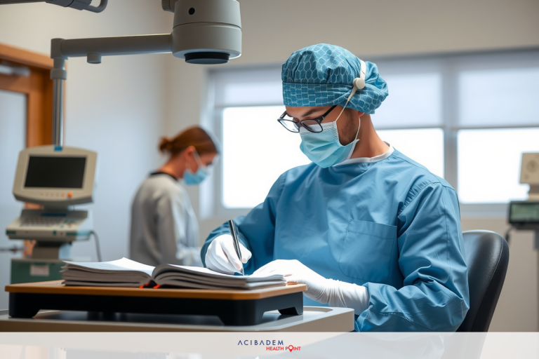 How Do They Hold Your Eye Open for LASIK? In the image, a surgical operating room is depicted. In the center of the scene, there's an operating surgeon wearing blue surgical attire, including gloves and a face mask. The doctor is standing over what appears to be patient records or a book for reference during surgery. Behind the doctor, another medical professional is present, also dressed in a similar outfit and focused on their work. To the right of the surgeon, there's a high-tech setup that includes monitors and medical equipment typical of an operating room environment.