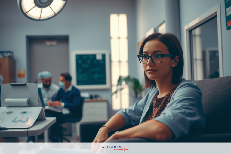 The image depicts a professional office environment with several individuals. One woman, wearing glasses and a blue shirt, sits in a chair looking towards the viewer with a concerned expression on her face. The office has modern decor with sleek furniture and contemporary technology visible.