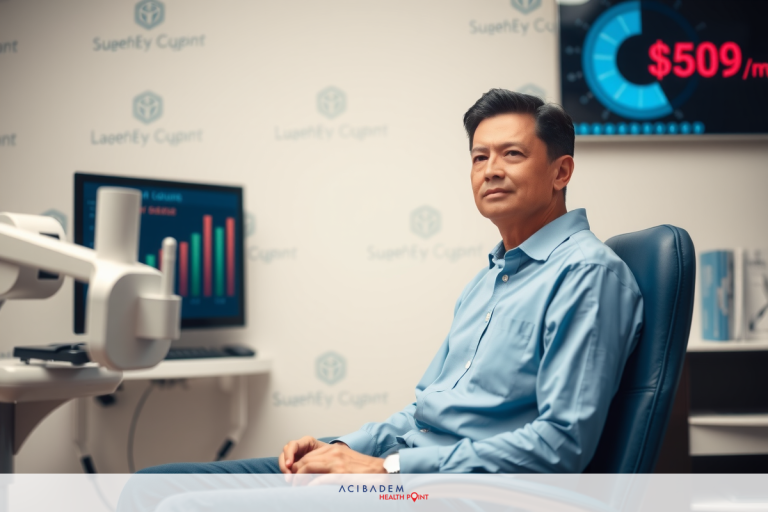 How Much Does Laser Eye Surgery Cost 2022 A man sitting in a chair with a medical device around him. The environment appears to be a clinical or office setting, likely related to healthcare given the context.