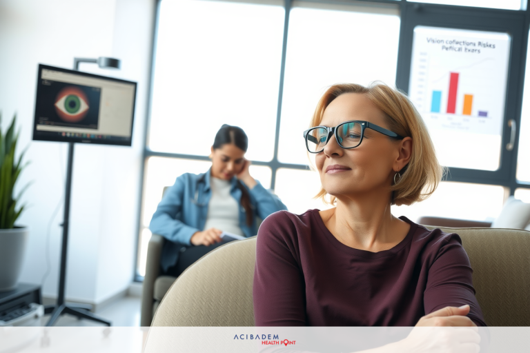 A woman in a corporate office environment, wearing glasses and a dark blazer. She is seated in an office chair with her hands crossed on the table in front of her. To the side, another person is seen working on a computer screen, and there are large monitors displaying graphs and charts. The office has a modern aesthetic with bright lighting and minimalistic furnishings.