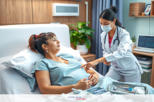 A healthcare professional is examining a patient lying in bed. The environment suggests a modern hospital room with medical equipment and monitors.