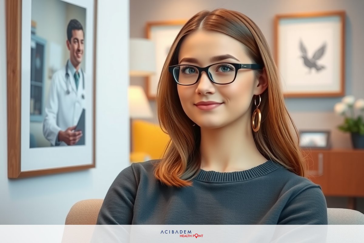 The image depicts a woman seated in an office setting. She has short hair and is wearing glasses, with her attire consisting of a dark top and sweater. To the right side of the frame, there is a framed picture on the wall. The environment suggests a professional office space.