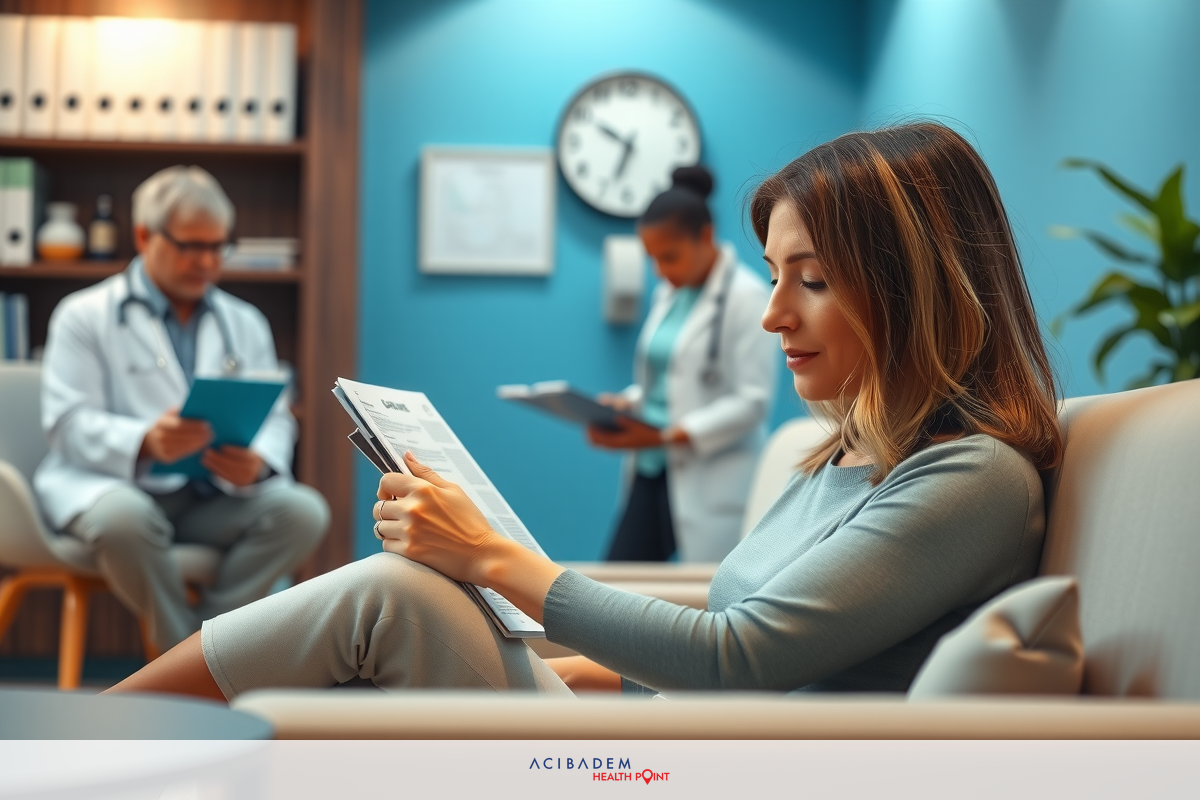 A woman is sitting on a couch in what appears to be a professional or medical setting. She's reading from a booklet while others around her are engaged in paperwork, suggesting she might be taking notes or reviewing information related to the environment.