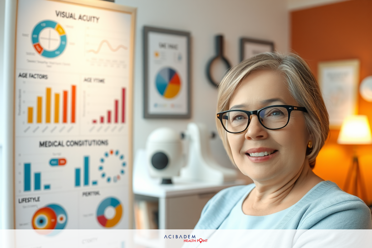 A woman seated in an office chair, wearing glasses and a light blue jacket, smiling at the camera. She is surrounded by data charts on a large screen, suggesting she works with statistics or analytics.