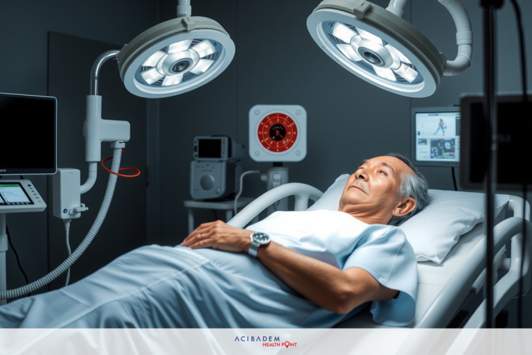 The image portrays a medical scenario with a patient lying on a hospital bed. The individual appears to be middle-aged. In the background, there is a collection of medical equipment and monitoring devices. The environment suggests a well-equipped hospital setting.
