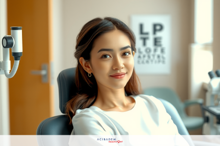 A smiling woman sitting in a dental chair. The office is clean and modern, with a visible eye chart behind her.