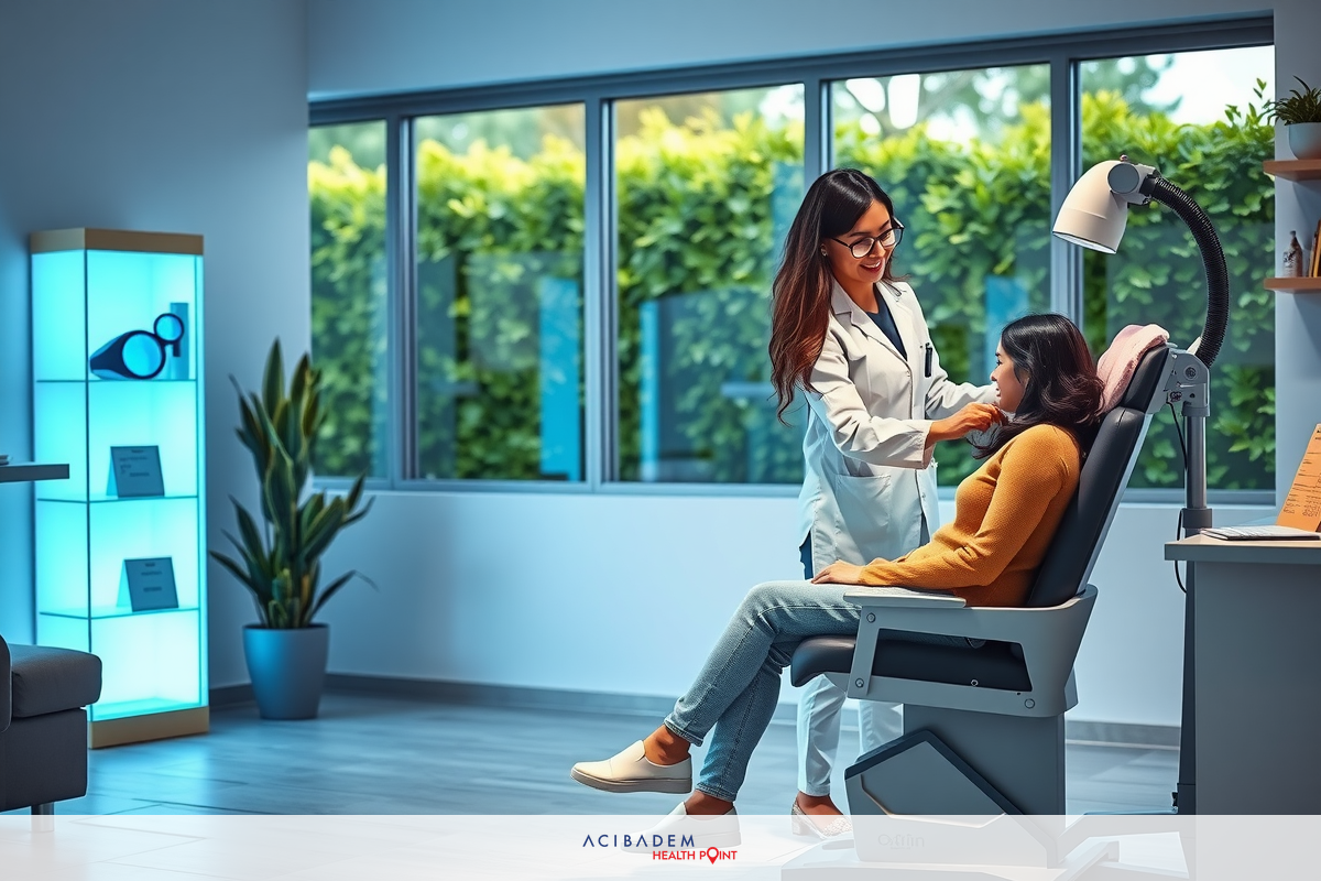 Modern medical office with a woman doctor providing care to a patient. The office is well-lit, clean and spacious with contemporary furniture.