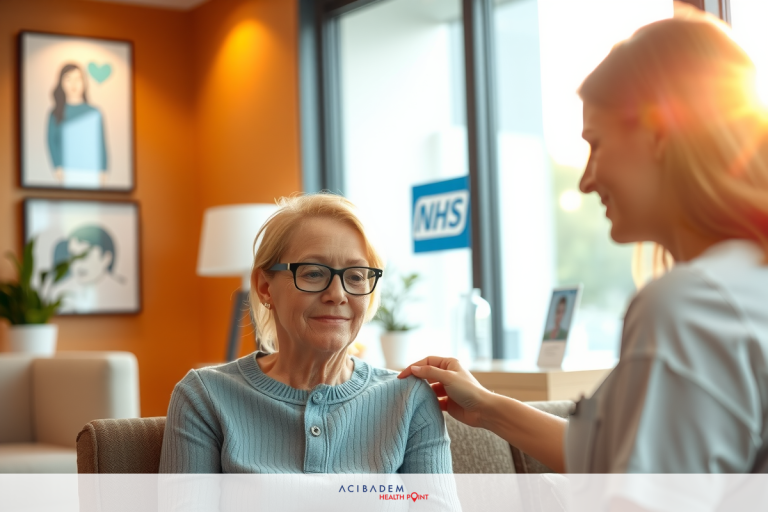 How to Get Laser Eye Surgery on NHS Image shows an elderly woman seated, smiling and looking at a younger woman standing beside her. The setting appears to be a professional environment, likely a doctor's office or healthcare clinic.