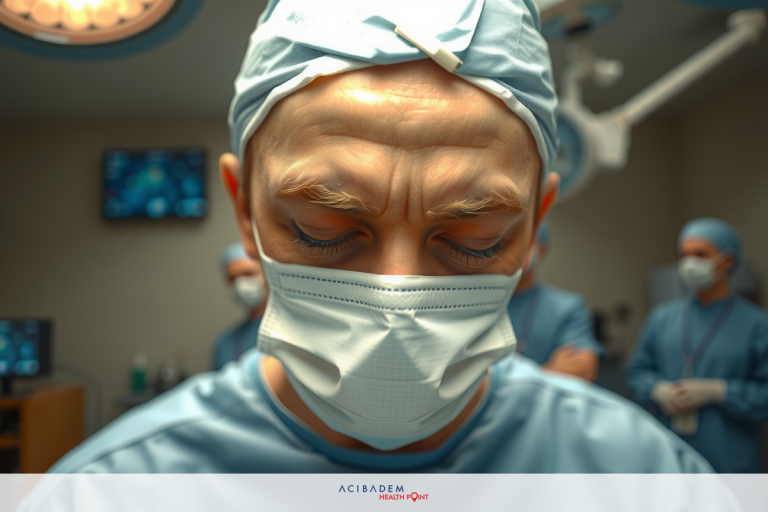 The image shows a person wearing surgical attire, including a surgical mask and scrubs, indicating they may be a surgeon or medical professional. The environment appears to be a hospital operating room with various medical equipment visible in the background, such as monitors and lights.