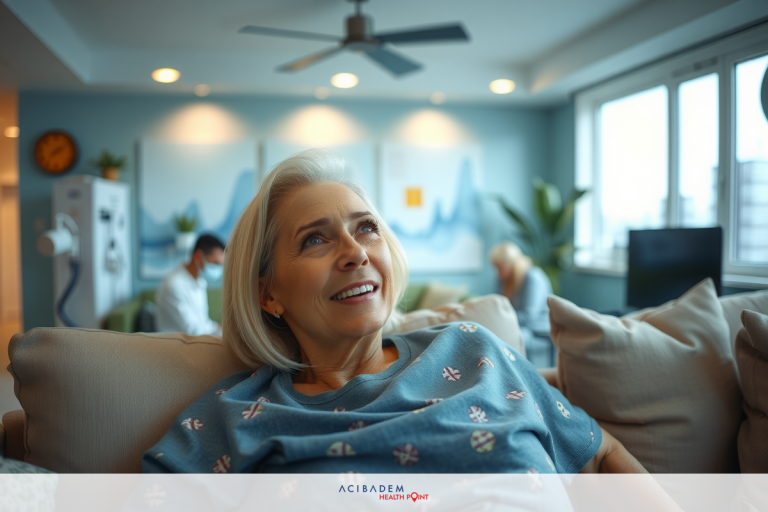 What Happens in a Laser Eye Surgery An elderly woman in a hospital gown is sitting on a couch, smiling towards someone or something out of the frame. The living room has a modern design with large windows and natural light coming in.