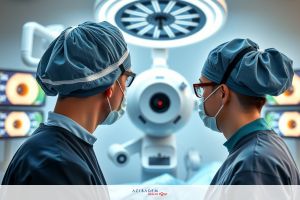 The image depicts two medical professionals in a clinical environment. They are wearing surgical attire, including masks and sterile gowns. Between them, they are examining a patient on a medical table that has various monitoring equipment attached to it.