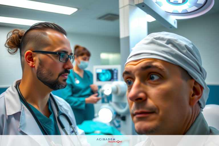 The image captures a medical setting, likely a hospital or clinic. In the foreground, two doctors are engaged in an examination of a patient who is seated at a medical chair.