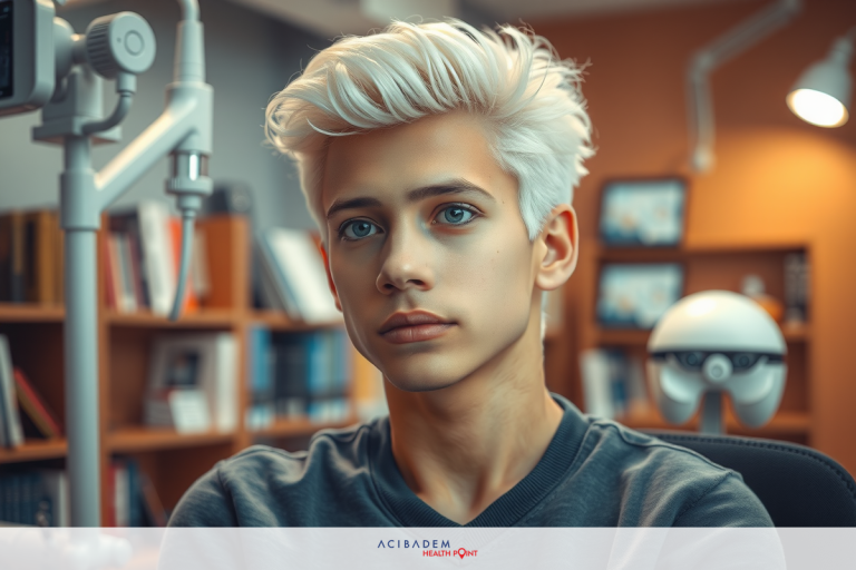 This image features a young adult with short, blonde hair and striking blue eyes. The background includes shelves filled with books, suggesting an academic or professional setting.