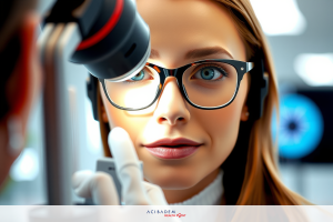 A woman in a lab coat is examining someone's eye with an ophthalmoscope. She is wearing glasses and has her mouth open, possibly in the middle of taking a measurement or discussing the results.